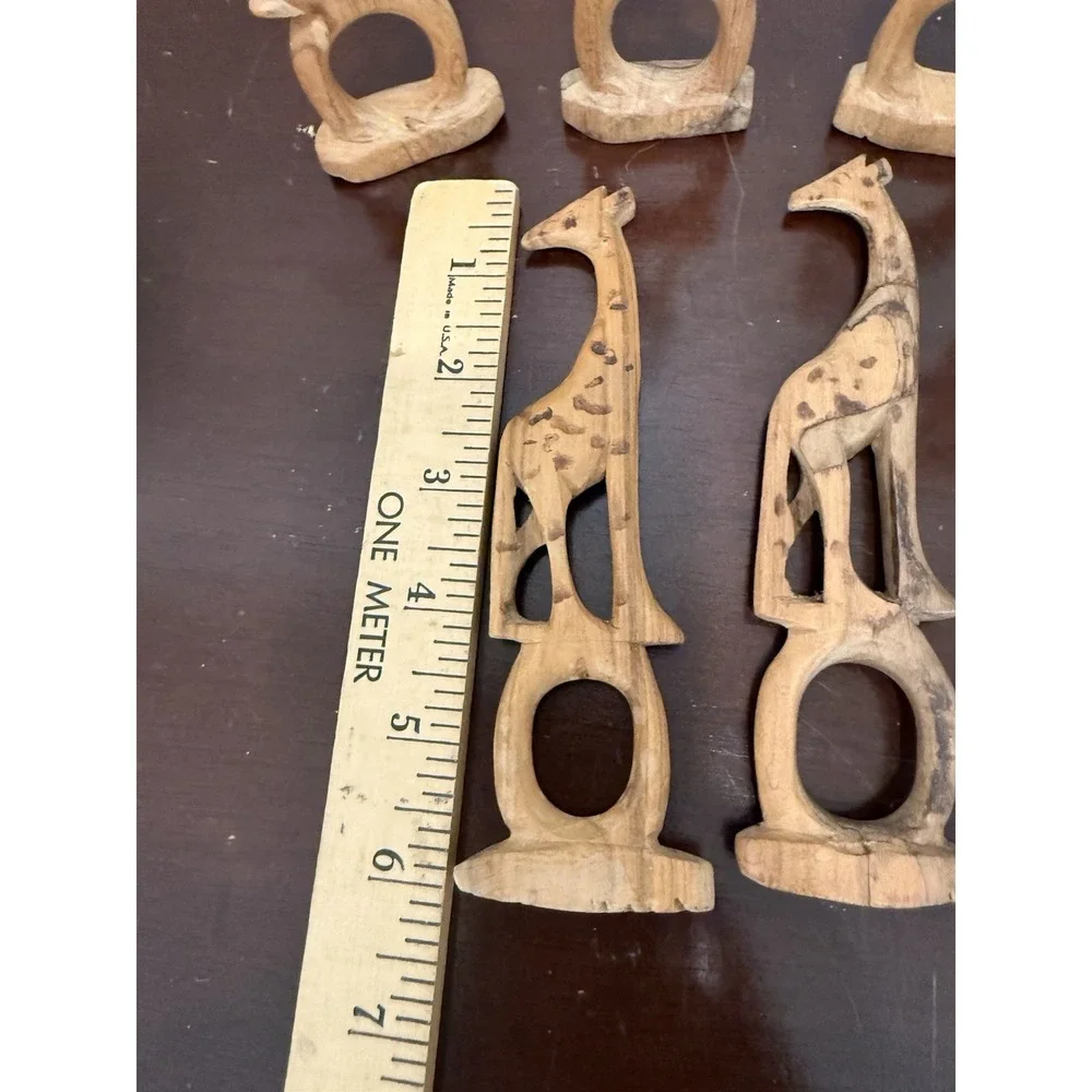 VTG Hand Carved Wooden Napkin Rings Holders Set of 6 Giraffes Artsy Boho Jungle